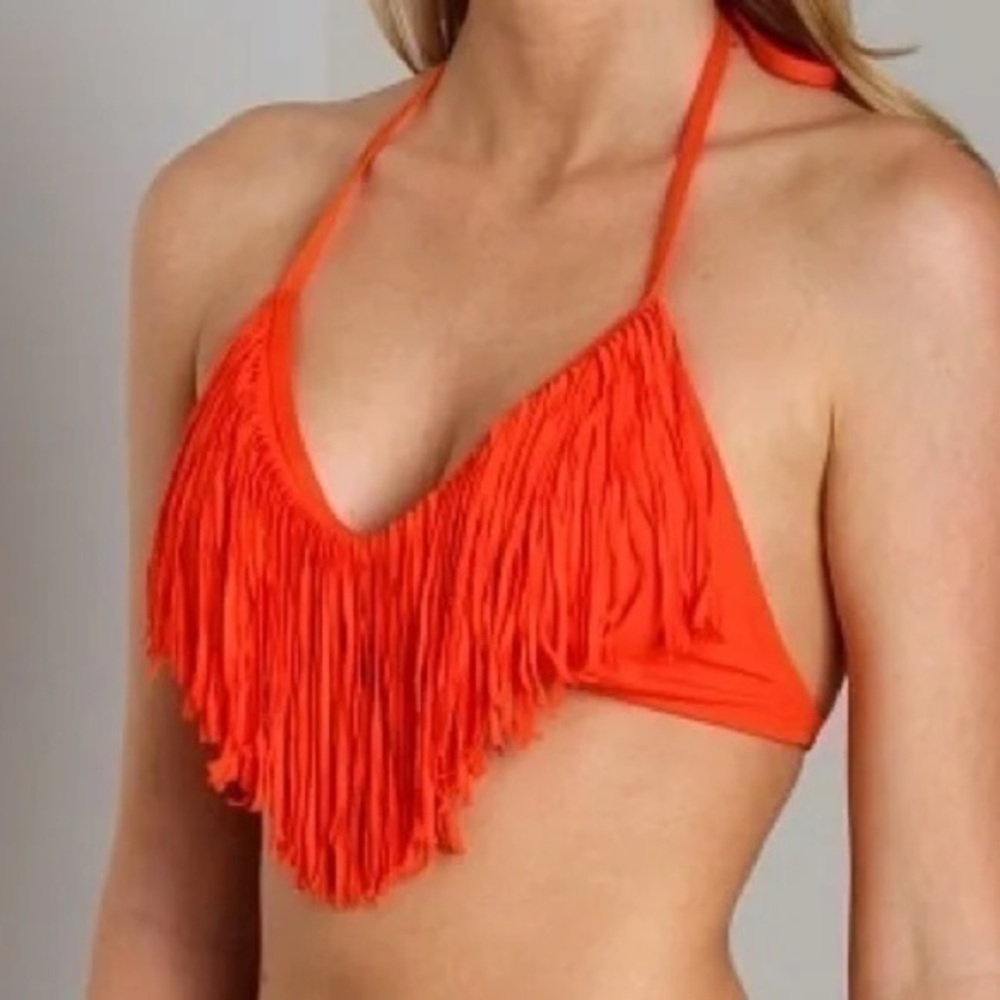 L* SPACE Solids Audrey Straight Fringe Bikini Top Paprika